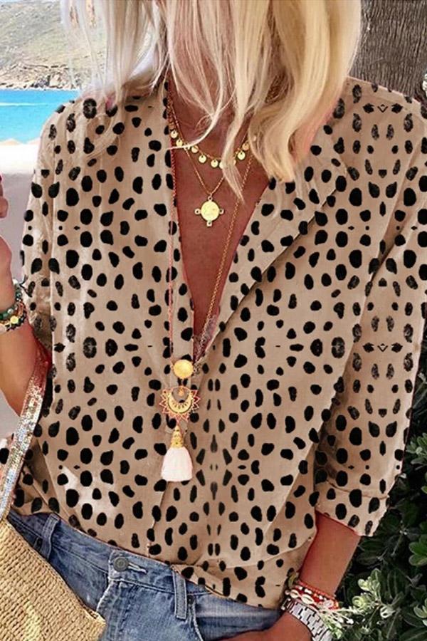 Notch Collar Leopard Long Sleeve Blouse