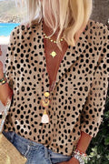 Notch Collar Leopard Long Sleeve Blouse
