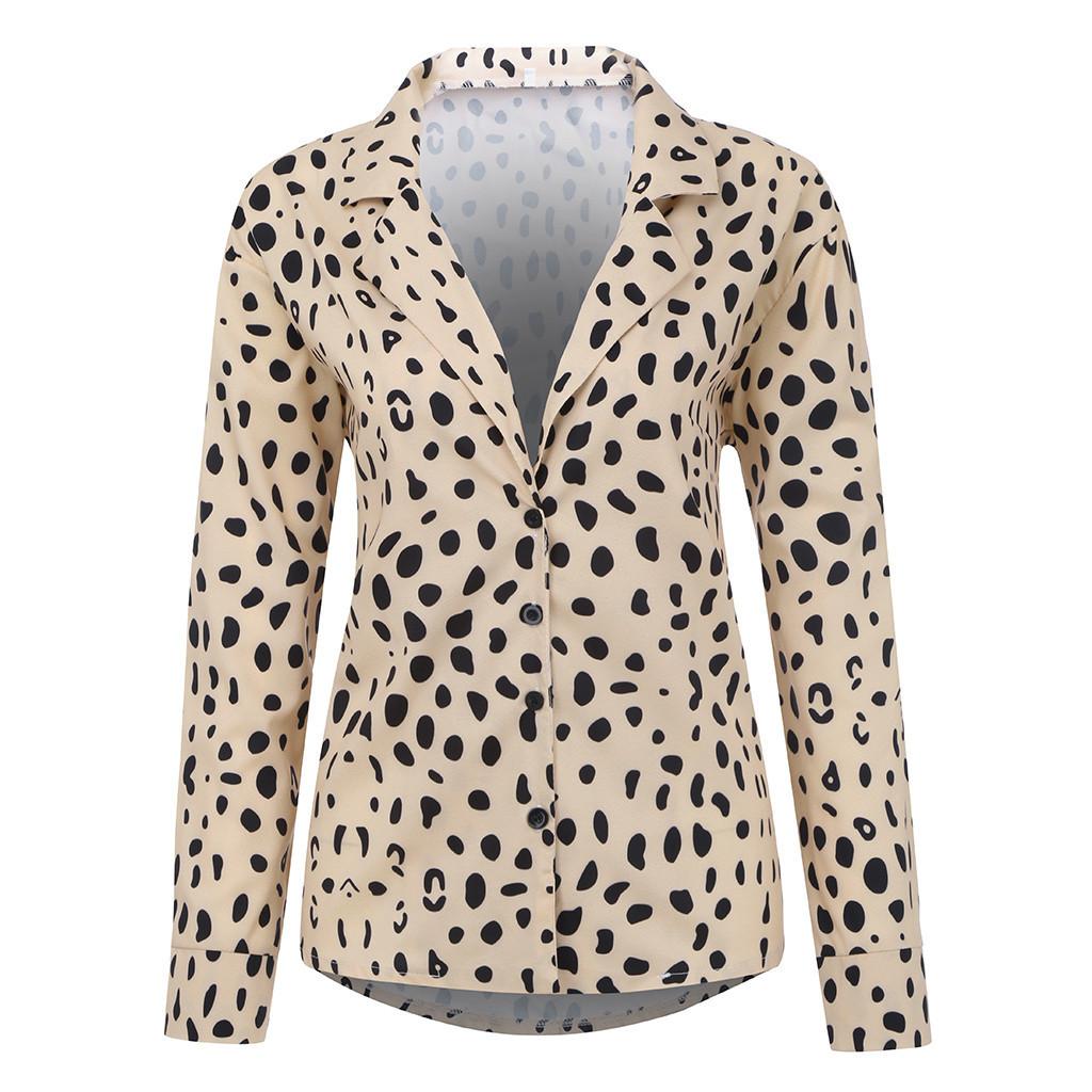 Notch Collar Leopard Long Sleeve Blouse
