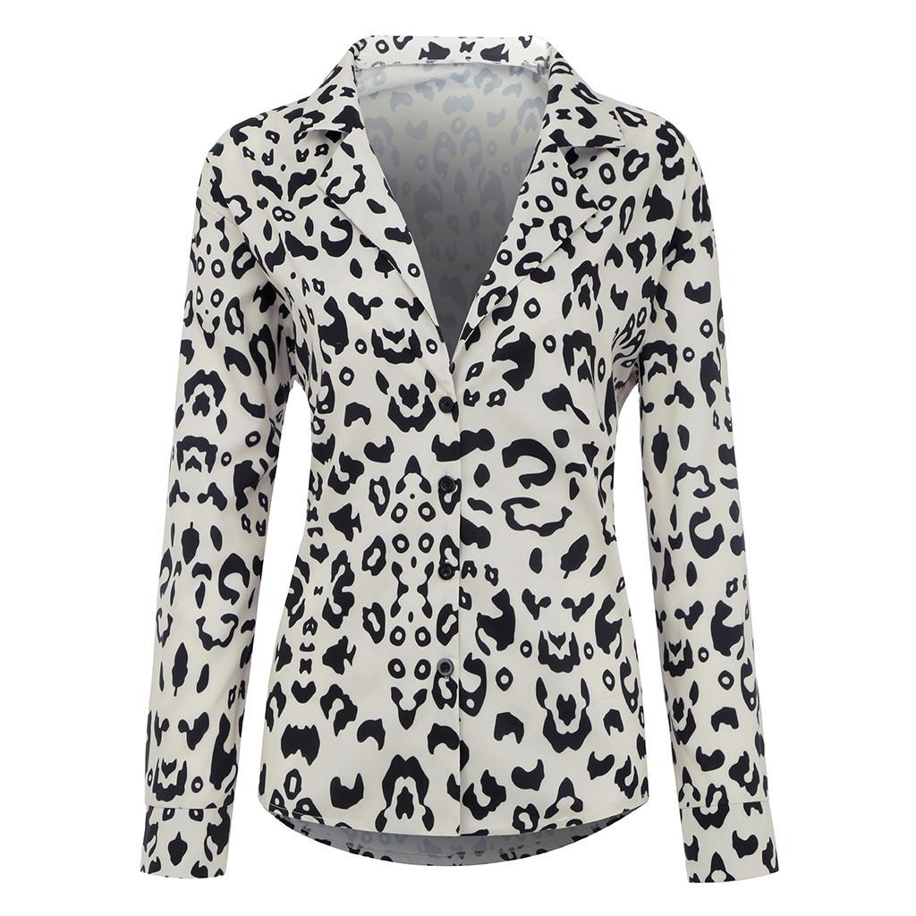 Notch Collar Leopard Long Sleeve Blouse