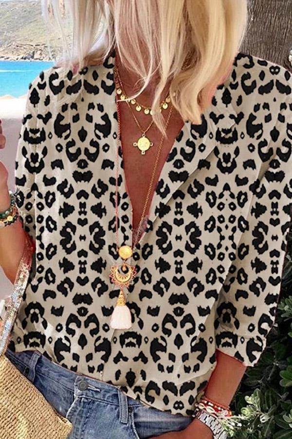 Notch Collar Leopard Long Sleeve Blouse