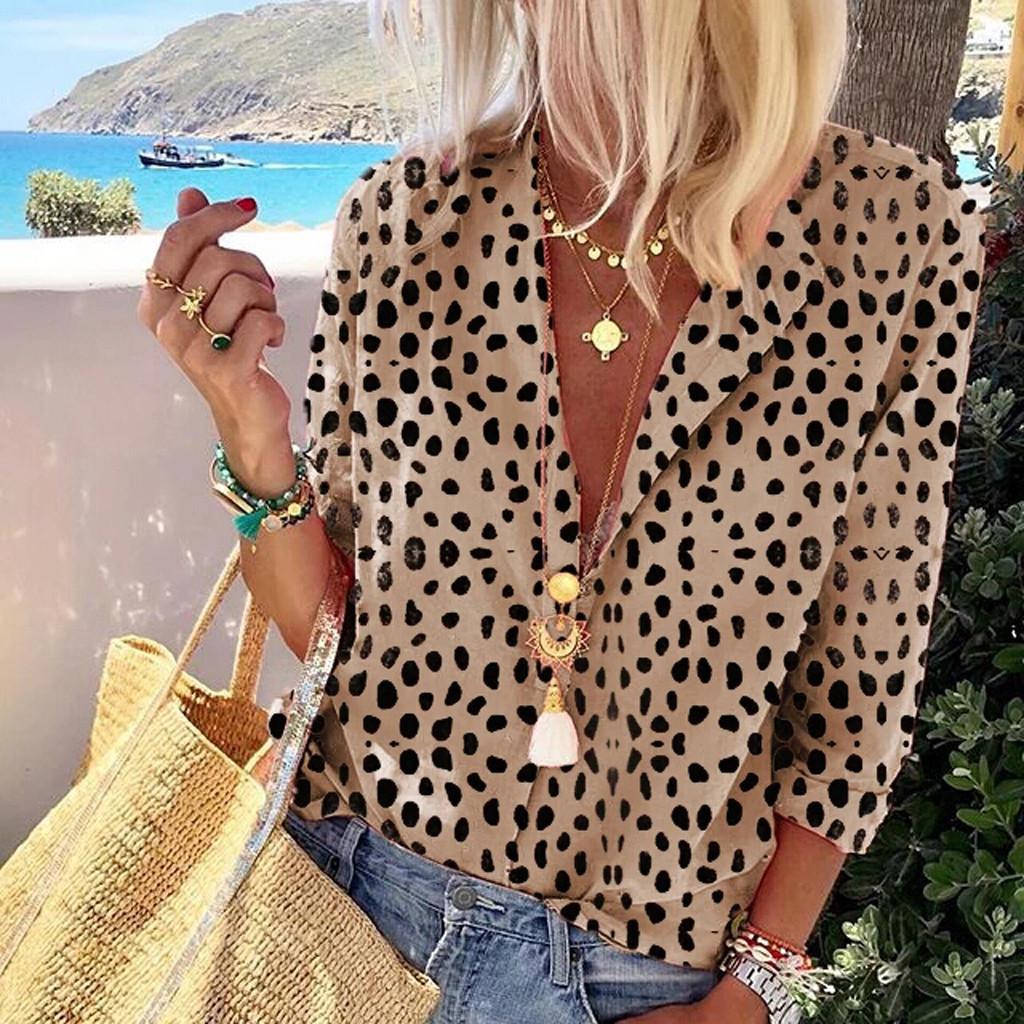 Notch Collar Leopard Long Sleeve Blouse
