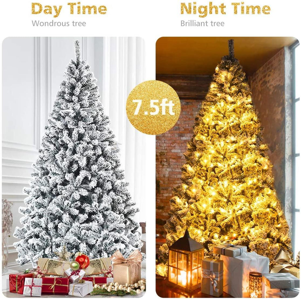 Gymax Green Unlit Snow Flocked Hinged Full Artificial Holiday Décor Christmas Tree, 9'