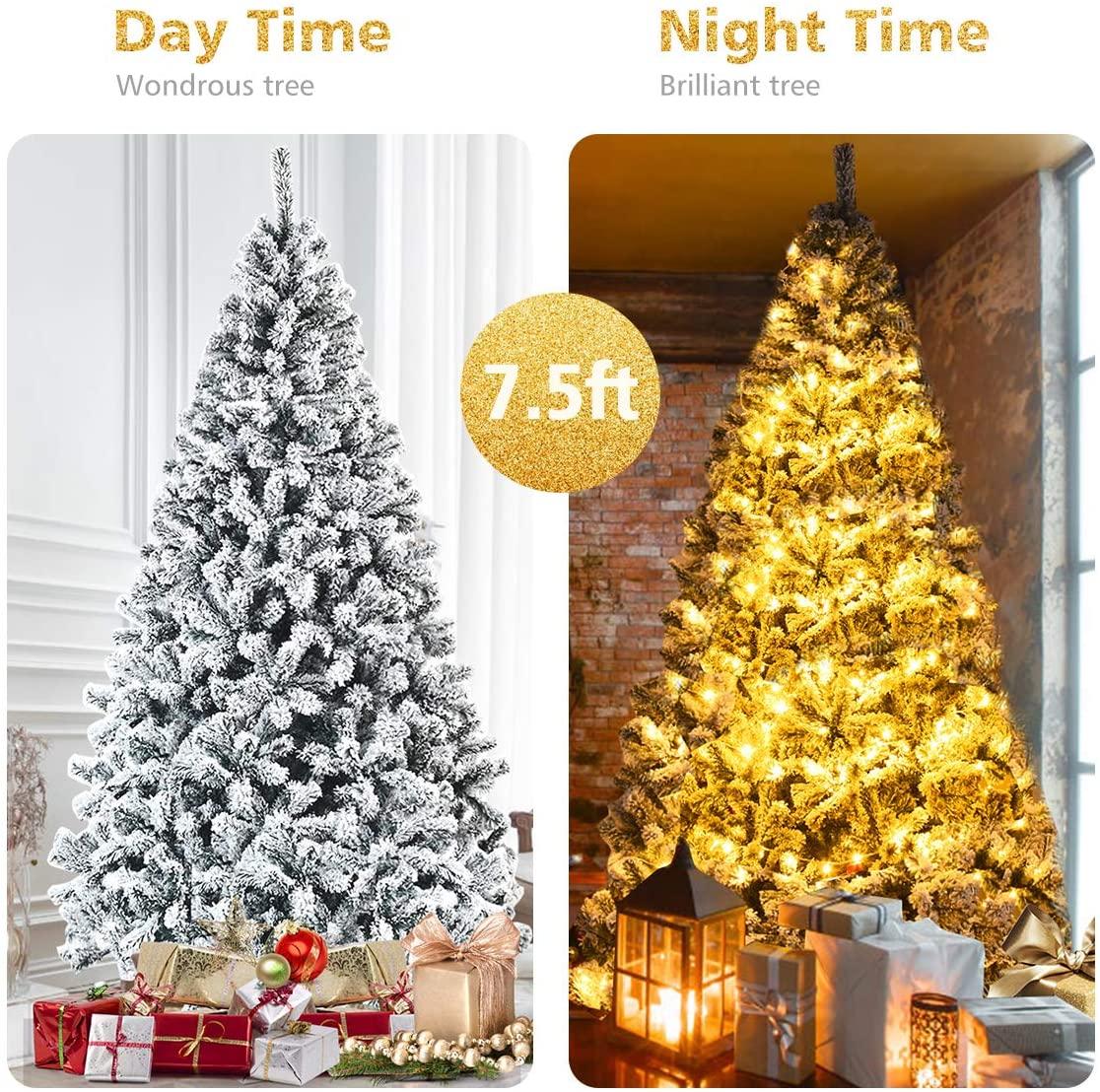 Gymax Green Unlit Snow Flocked Hinged Full Artificial Holiday Décor Christmas Tree, 9'