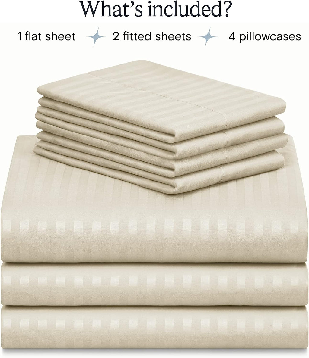 LuxClub Striped Sheets Set, 7 PC Striped Bed Sheets Split King Size, Deep Pockets 18" Eco Friendly Wrinkle Free Cooling Sheets Machine Washable Hotel Bedding Silky Soft (Split King, Striped Cream)