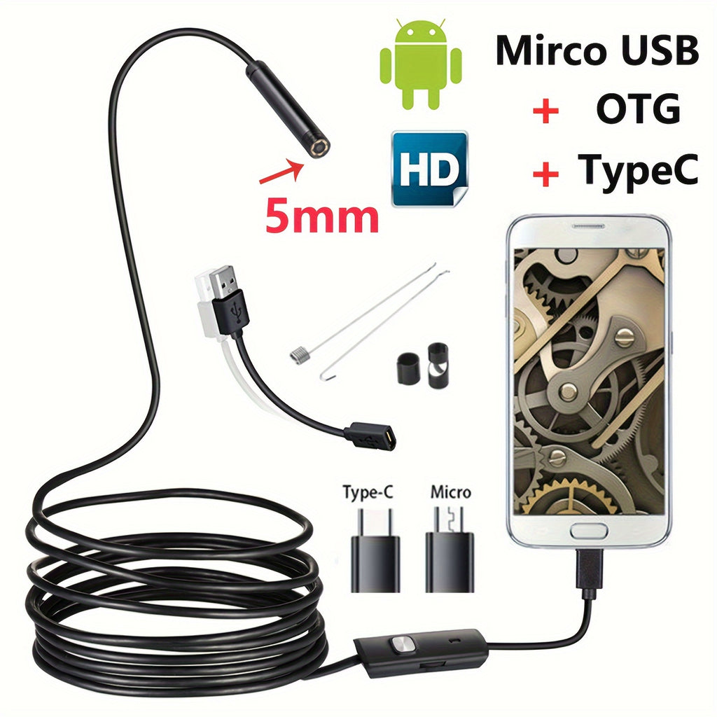 5mmHD Lens Industrial Endoscope: IP67 Waterproof Tool For Car Repair, Air Conditioner &amp; Sewer Pipe Detection - Android Type-C Interface