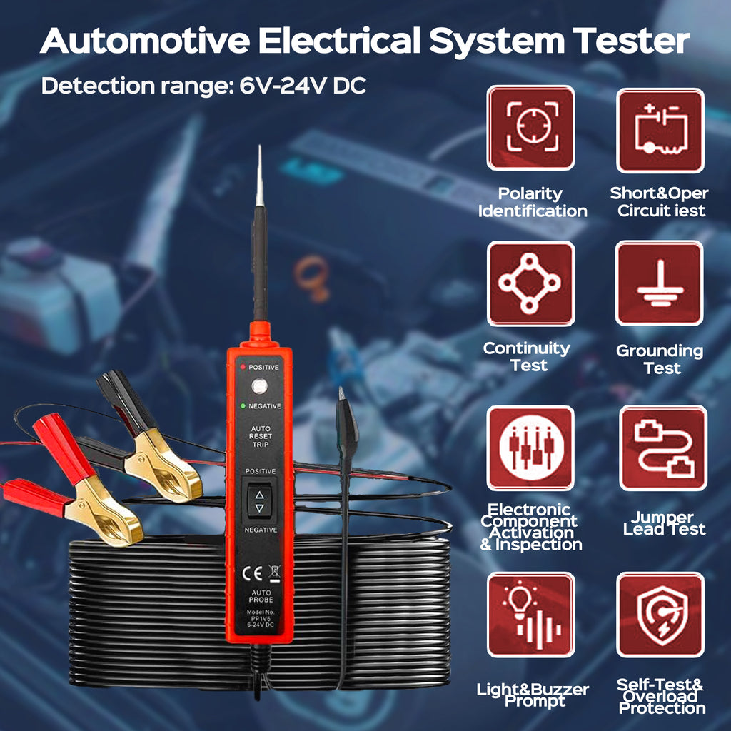 Power Circuit Probe Tester 6-24V DC Test Light Short Circuit Automotive Component Electrical Polarity Identify Continuity Tester Overload Protection