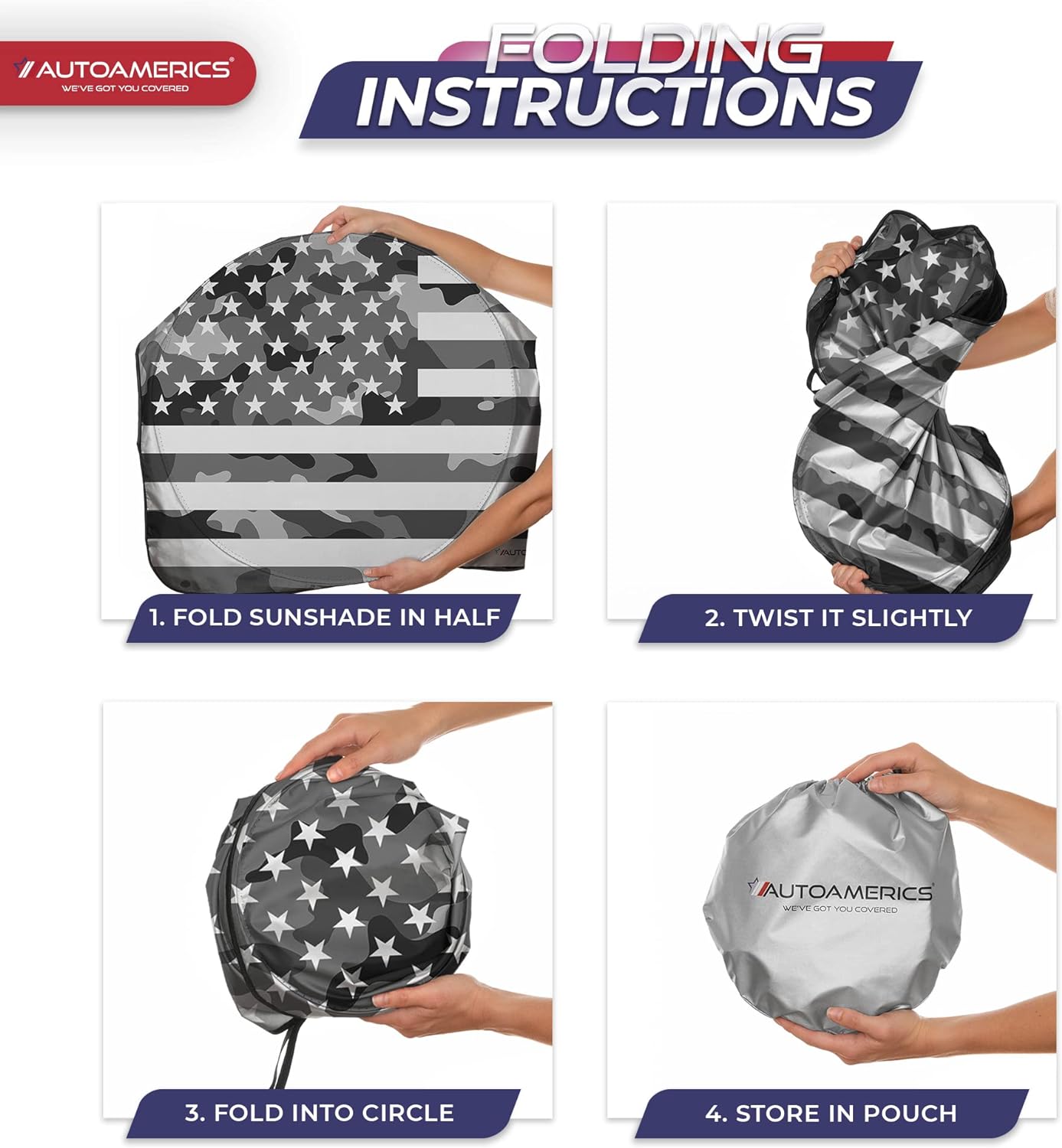 Autoamerics 1-Piece Windshield Sun Shade Gray Camo American Flag USA  - Foldable Car Front Window Sunshade for Most Sedans SUV Truck - Blocks Max UV Rays and Keeps Your Vehicle Cool - Medium
