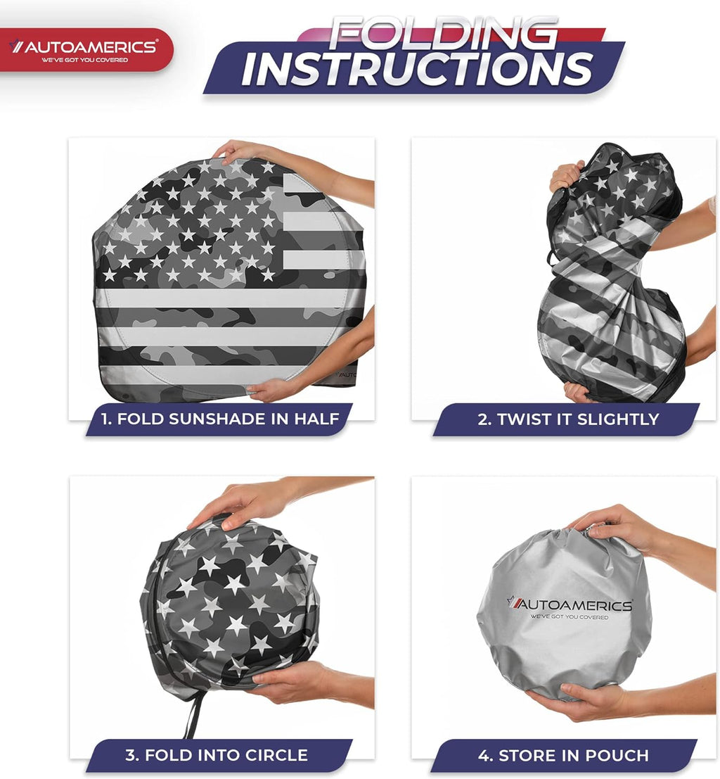 Autoamerics 1-Piece Windshield Sun Shade Gray Camo American Flag USA  - Foldable Car Front Window Sunshade for Most Sedans SUV Truck - Blocks Max UV Rays and Keeps Your Vehicle Cool - Large