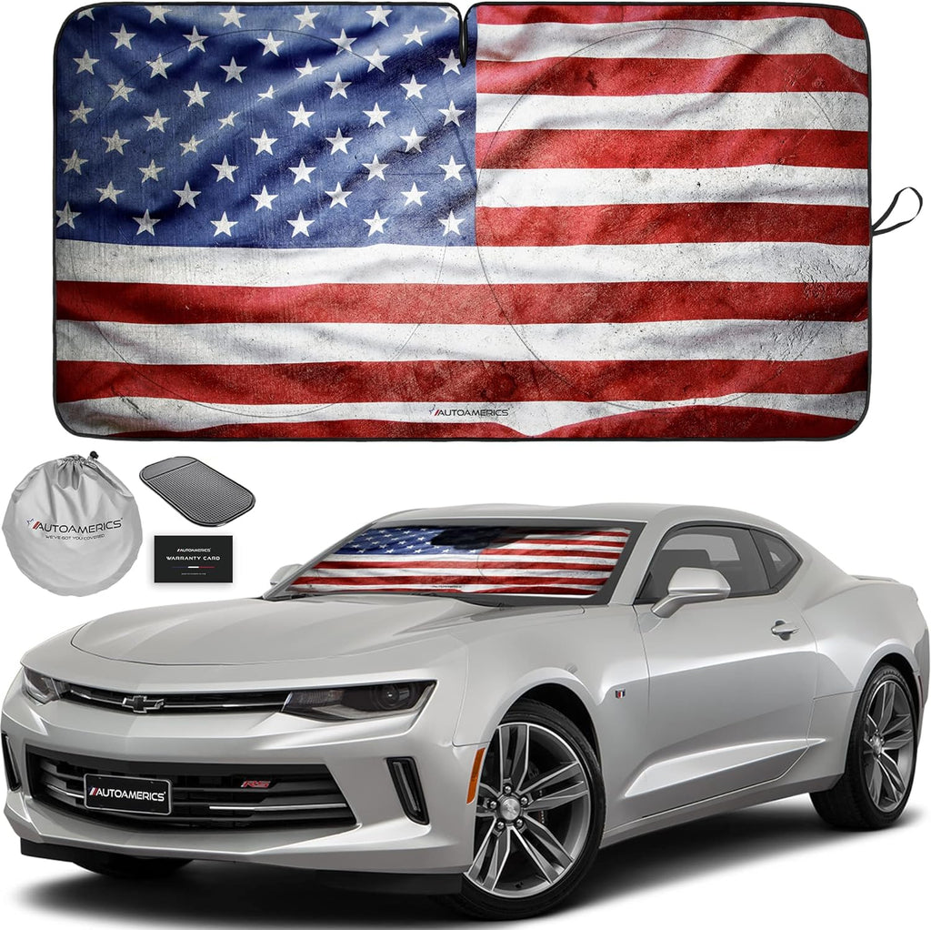 Autoamerics 1-Piece Windshield Sun Shade Grunge American Flag - 3 USA  - Foldable Car Front Window Sunshade for Most Sedans SUV Truck - Blocks Max UV Rays and Keeps Your Vehicle Cool - Small