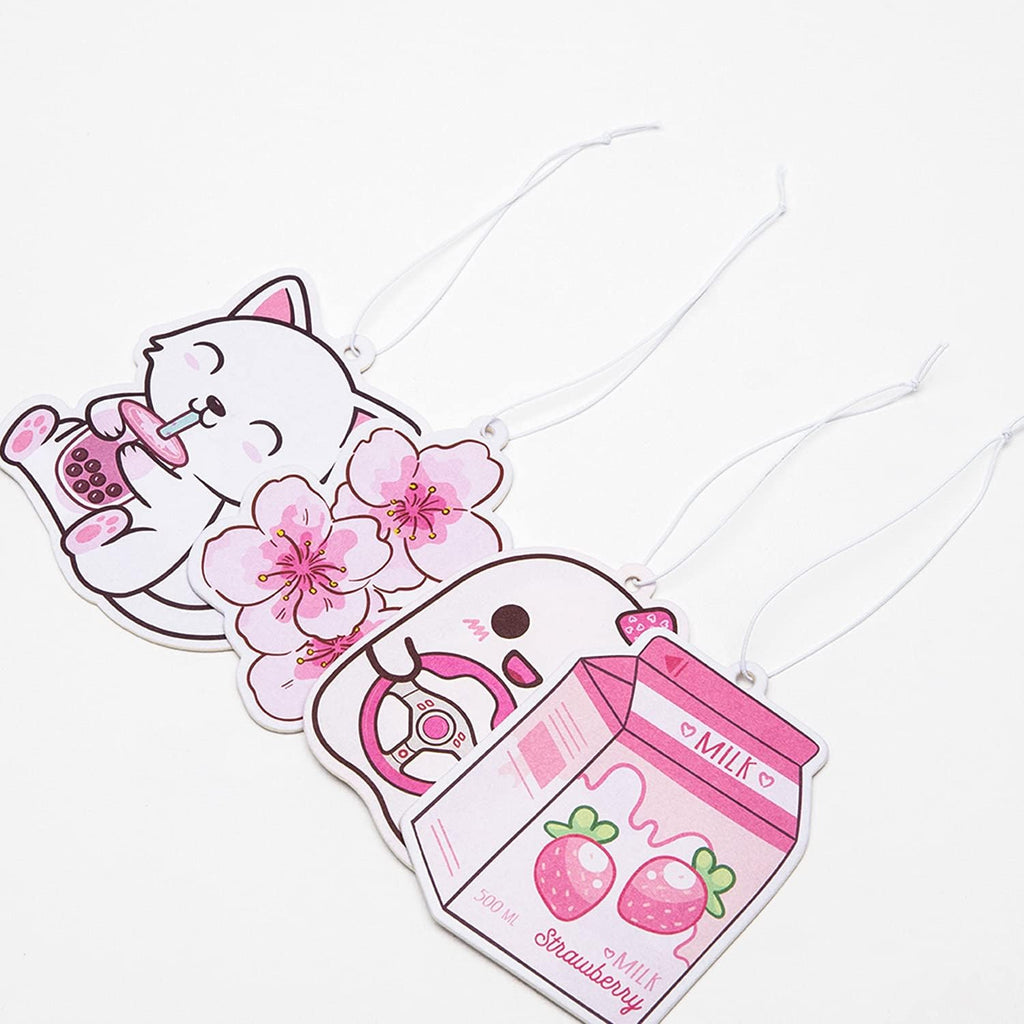 Car Air Freshener Kawaii Incense Chips Scented Ornament, Car Rearview Mirror Pendant, 4 Styles and Scents Of Bubble Tea Strawberry Milk Sakura Hanging Ornament Vent Decoration Cute Aromatic For Party Supplies