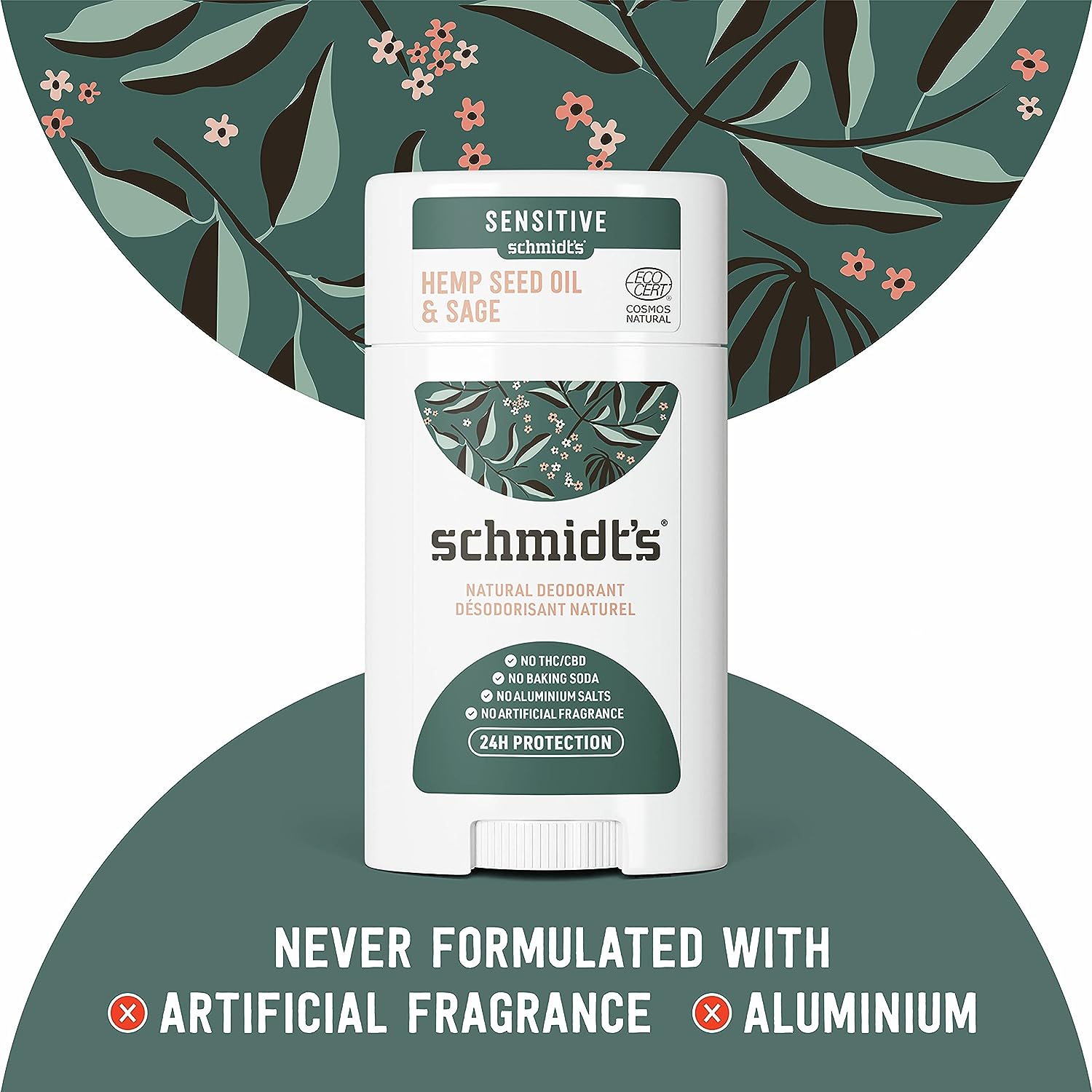 Schmidt's Aluminum Free Natural Deodorant For Women And Men, Hemp Seed Oil &amp; Sage With 24 Hour Odor Protection, Certified Natural, Cruelty Free, Vegan Deodorant 2.65oz 2 Pack