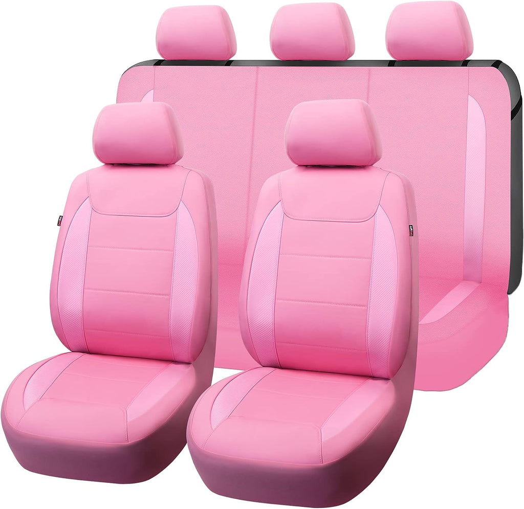 Flying Banner car seat Covers Protects Water Proof Faux Leather Carbon Fiber Fronts Rear Bench Covers (Pink Pink, Full Set - 8PCS)