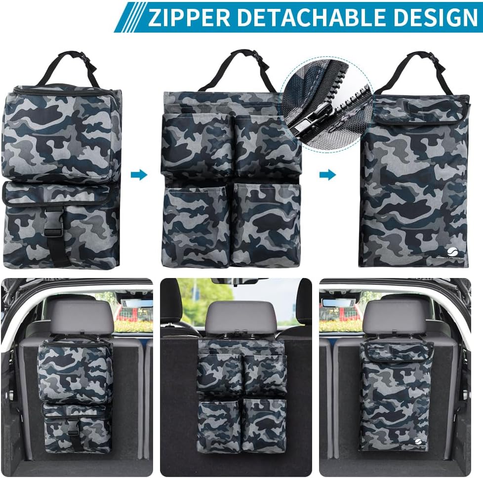 Car Trunk Organizer with Cooler, Hanging Car Organizers and Storage with Large Pockets, Zippers Detachable Seat Back Organizers Storage, Waterproof Car Storage Trunk Organizer for Jeeps, SUVs, Camo