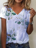 V-neck Casual Loose Bronzing Print Leaf Short Sleeve T-shirt