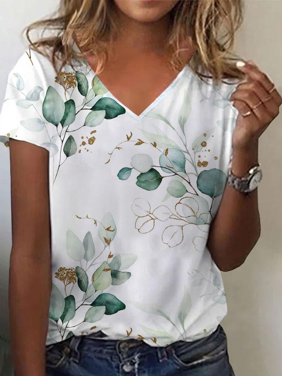 V-neck Casual Loose Bronzing Print Leaf Short Sleeve T-shirt