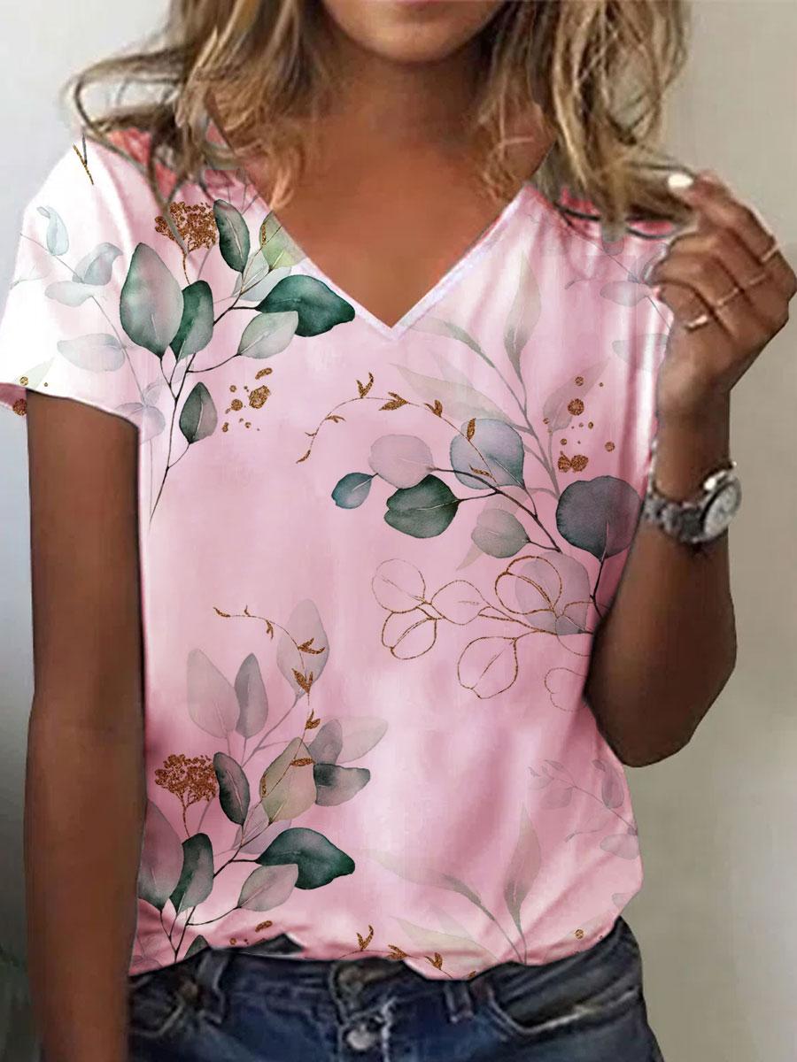 V-neck Casual Loose Bronzing Print Leaf Short Sleeve T-shirt