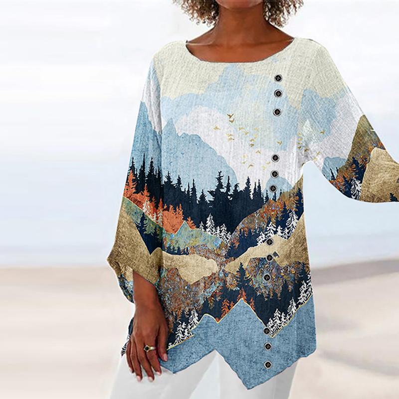 Fashion Round Neck Long Sleeve Treetop Print Top