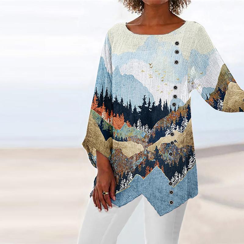 Fashion Round Neck Long Sleeve Treetop Print Top