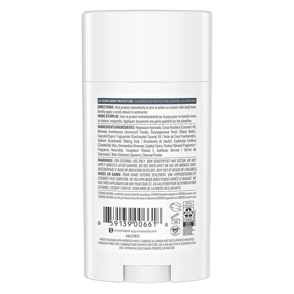 Schmidt's Aluminum Free Natural Deodorant for Women and Men, Charcoal &amp; Magnesium with 24 Hour Odor Protection, Certified Natural, Vegan, Fresh, 2.65 Oz, Pack of 2