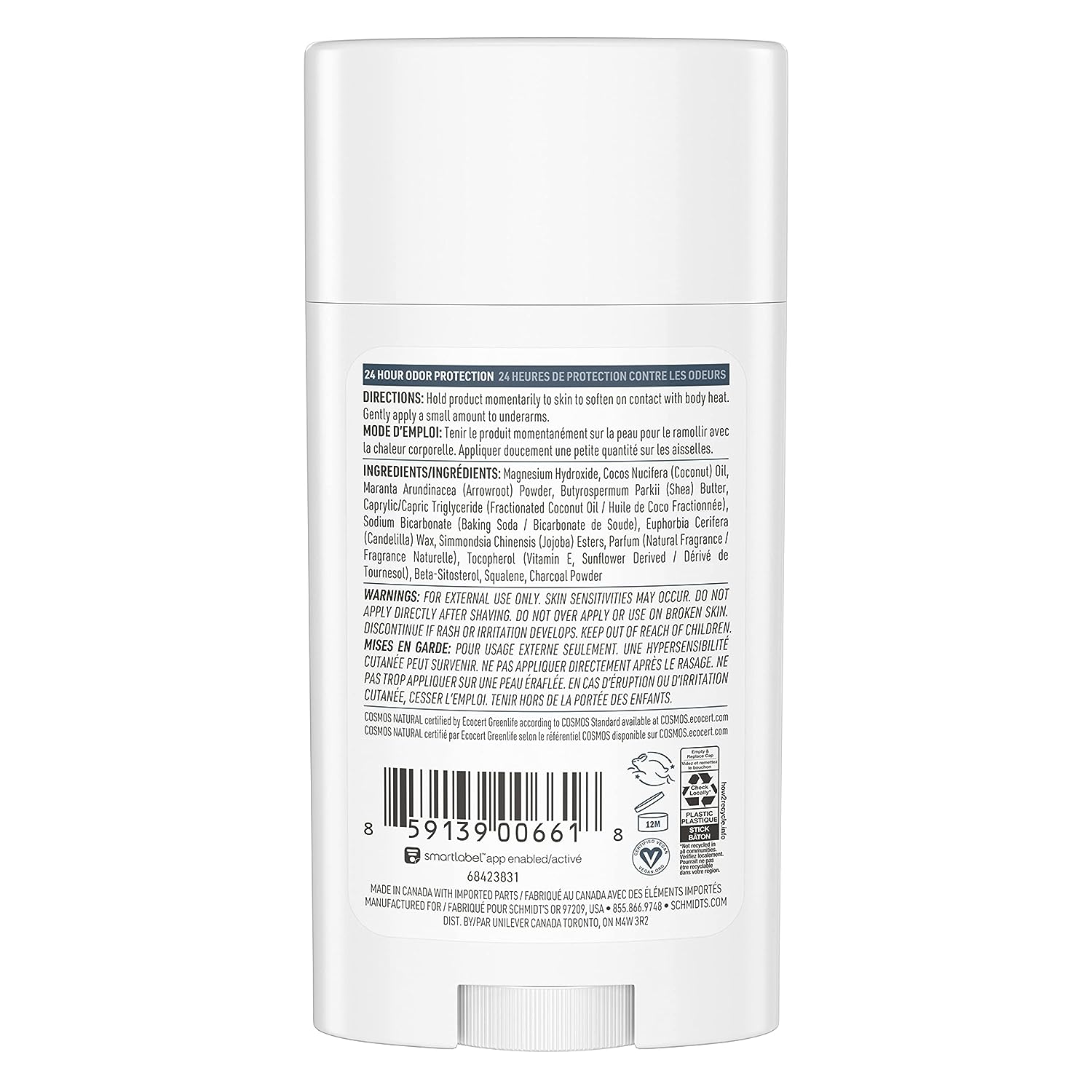 Schmidt's Aluminum Free Natural Deodorant for Women and Men, Charcoal &amp; Magnesium with 24 Hour Odor Protection, Certified Natural, Vegan, Fresh, 2.65 Oz, Pack of 2