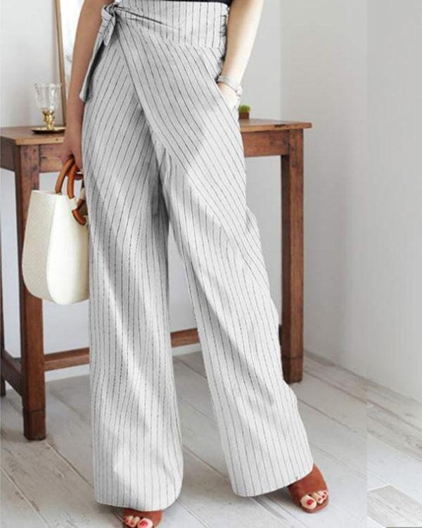 stripe casual wrap pocket irregular bandage wide leg pants