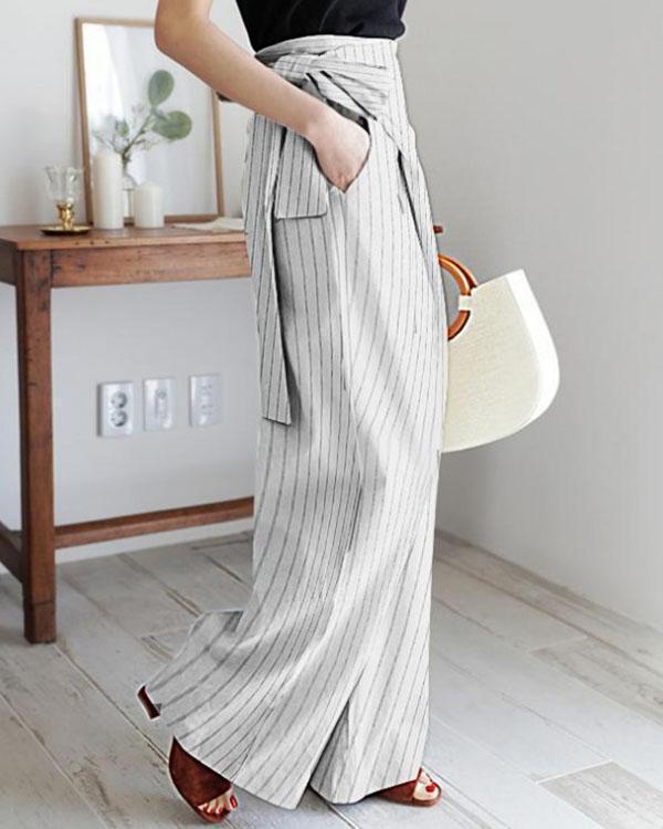 stripe casual wrap pocket irregular bandage wide leg pants