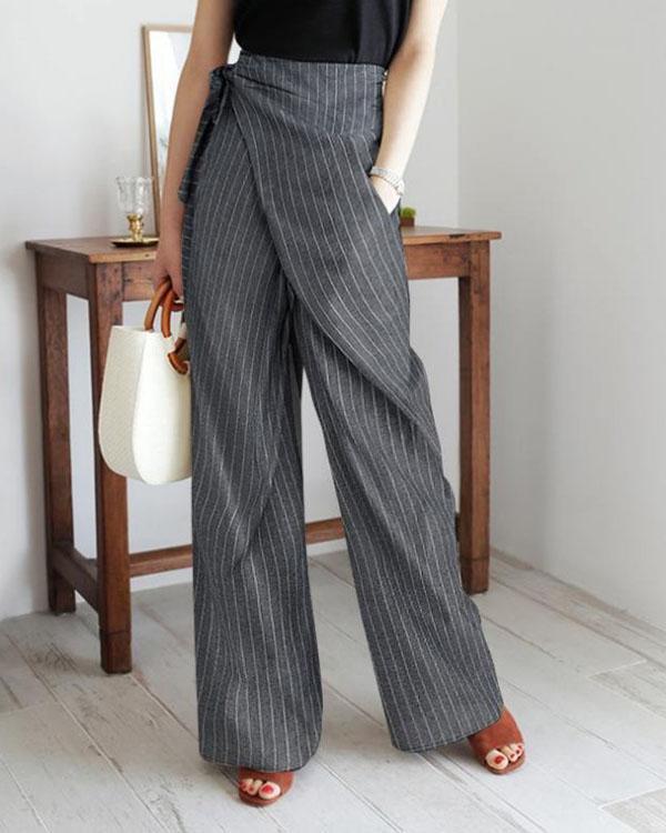 stripe casual wrap pocket irregular bandage wide leg pants