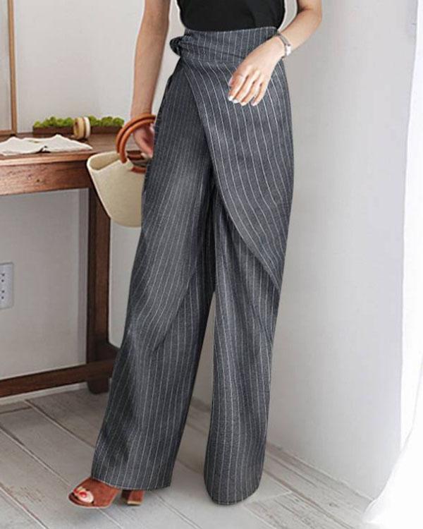 stripe casual wrap pocket irregular bandage wide leg pants