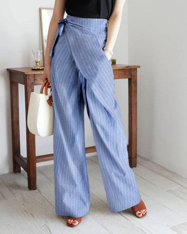 stripe casual wrap pocket irregular bandage wide leg pants