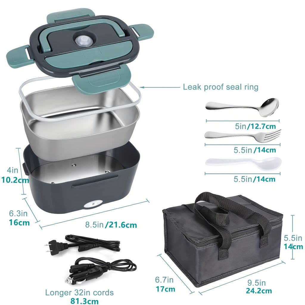 Electric Lunch Box Food Warmer Portable For Car &amp; Home - Leak Proof, Lunch Microwave For Truckers With  Steel Container 50.72 oz, 110V/12V/24V