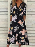 V-neck Floral Print Loose Long Sleeve Maxi Dress