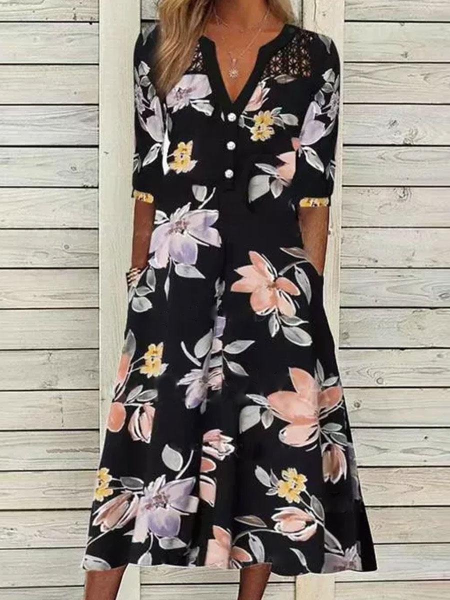 V-neck Floral Print Loose Long Sleeve Maxi Dress