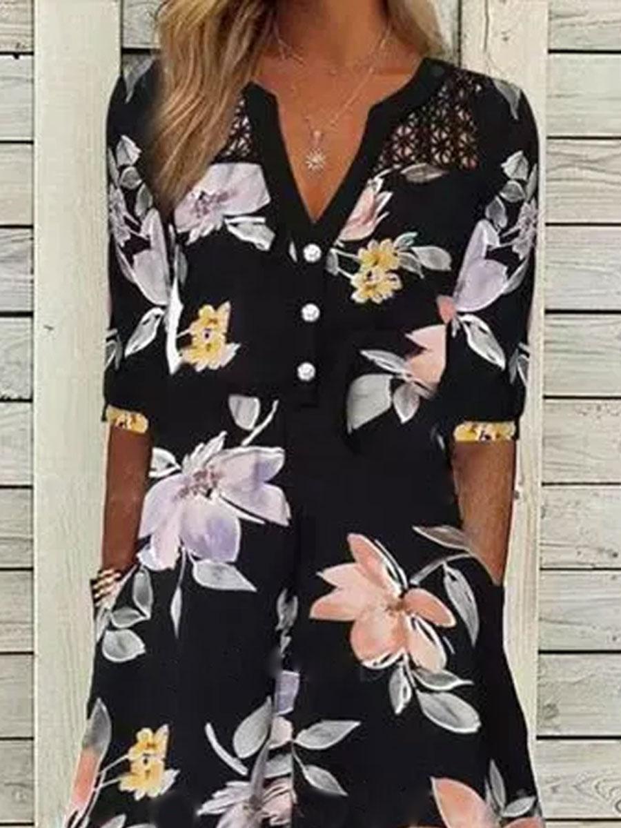V-neck Floral Print Loose Long Sleeve Maxi Dress