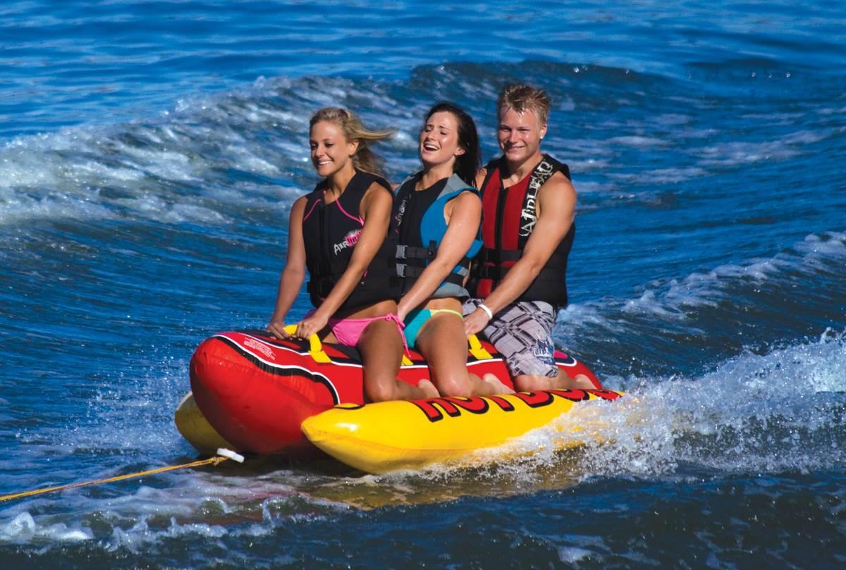 AIRHEAD Hot Dog Triple Rider Towable Inflatable 3 Person Boat Lake Tube (2 Pack)