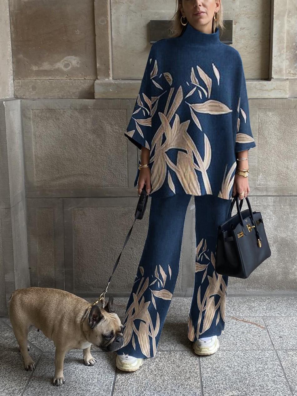 Women's Fashion Leaf Print Drop Shoulder Three-quarter Sleeve Suit
