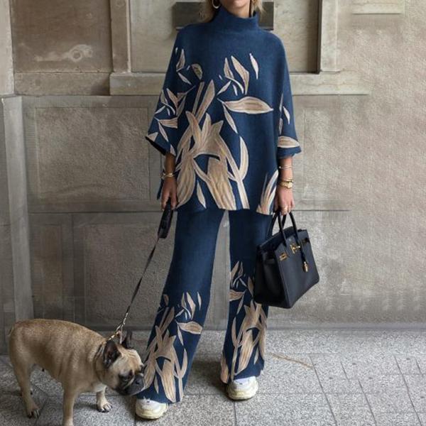 Women's Fashion Leaf Print Drop Shoulder Three-quarter Sleeve Suit