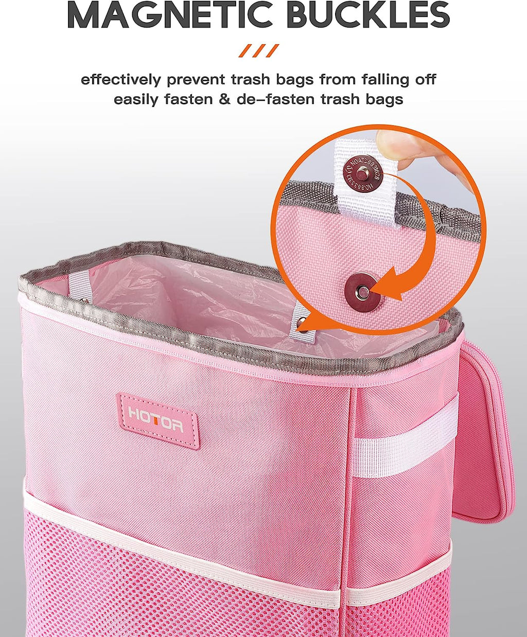 HOTOR Car Trash Can, 3-Gallon Ultra-Large Car Garbage Can, 100% Leakproof &amp; Waterproof Trash Can for Car, Multipurpose Car Trash Bin with Adjustable Straps, Magnetic Buckles, Mesh Pockets (Pink)