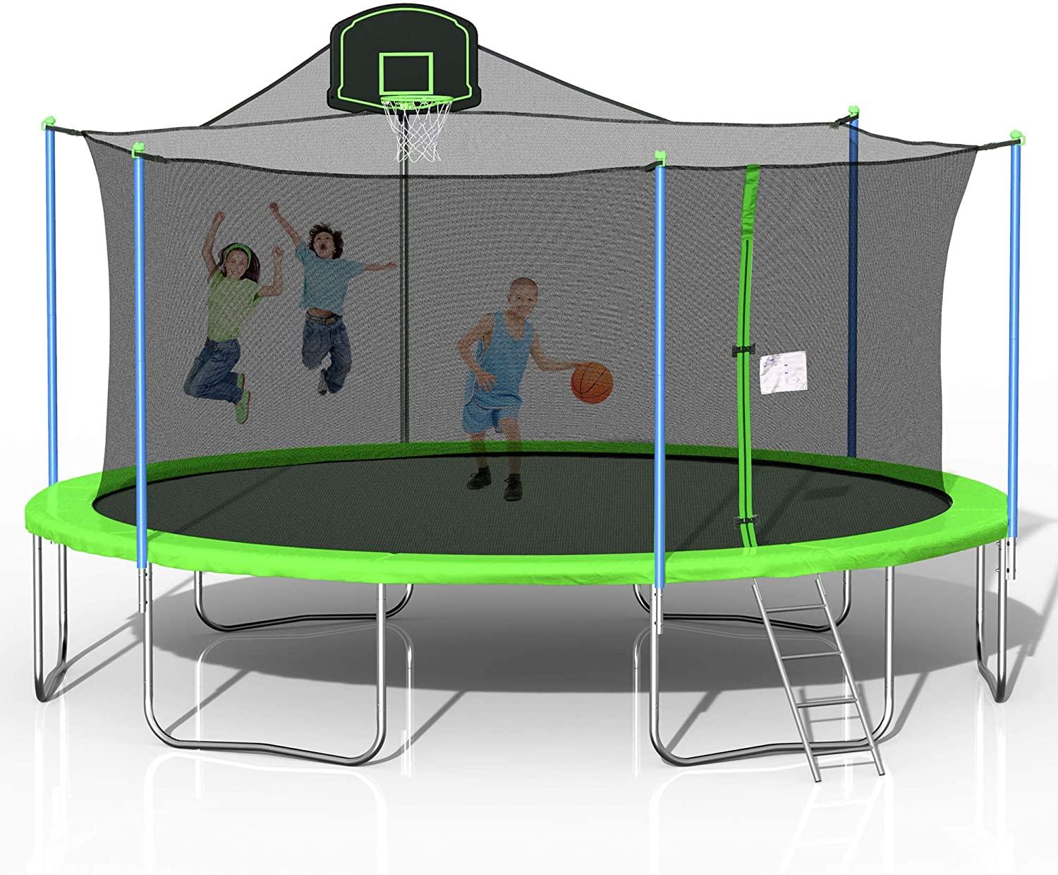 16 FT Trampoline with Basketball Hoop, Outdoor Trampoline for Adults Kids, with Enclosure and Ladder, Park Kindergarten Fitness Trampoline for Backyard for 6-8 Kids, 2021 Upgrade Capacity 1000lbs