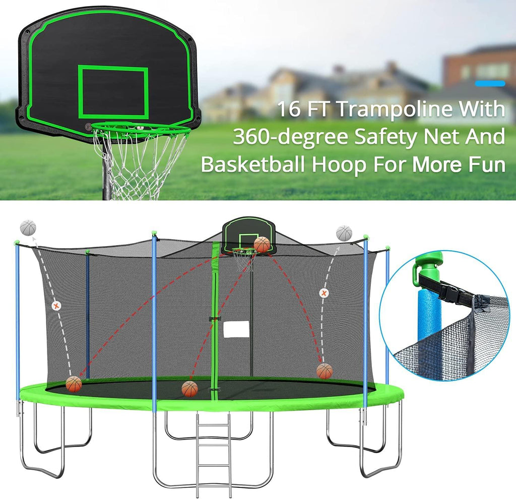 16 FT Trampoline with Basketball Hoop, Outdoor Trampoline for Adults Kids, with Enclosure and Ladder, Park Kindergarten Fitness Trampoline for Backyard for 6-8 Kids, 2021 Upgrade Capacity 1000lbs
