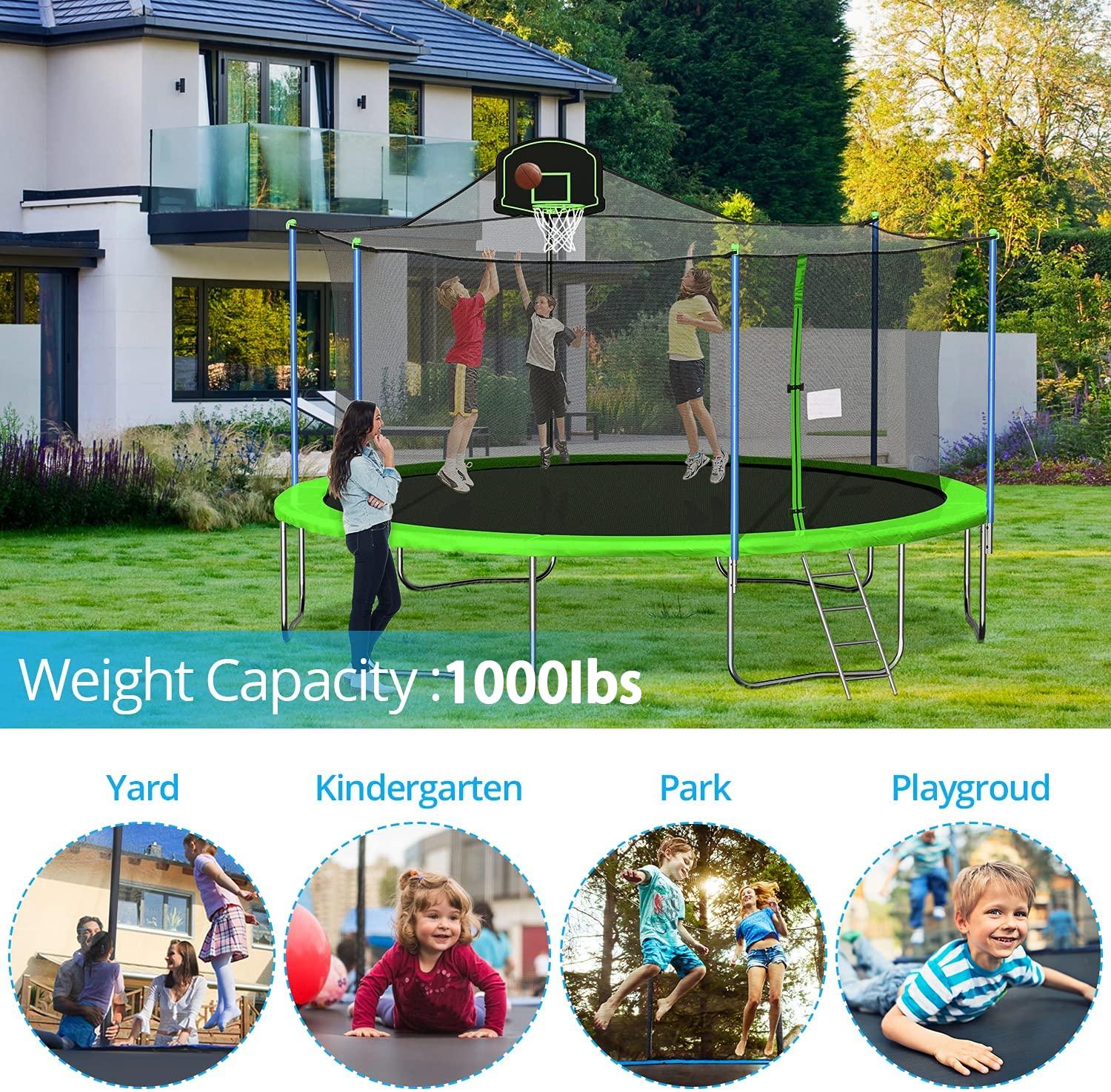 16 FT Trampoline with Basketball Hoop, Outdoor Trampoline for Adults Kids, with Enclosure and Ladder, Park Kindergarten Fitness Trampoline for Backyard for 6-8 Kids, 2021 Upgrade Capacity 1000lbs