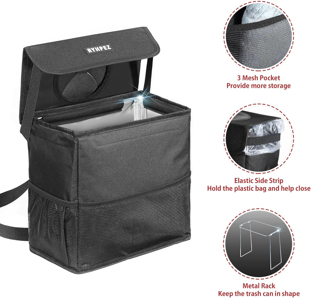 Ryhpez Car Trash Can with Lid - Car Trash Bag Hanging with Storage Pockets Collapsible and Portable Car Garbage Can with Metal Rack Support