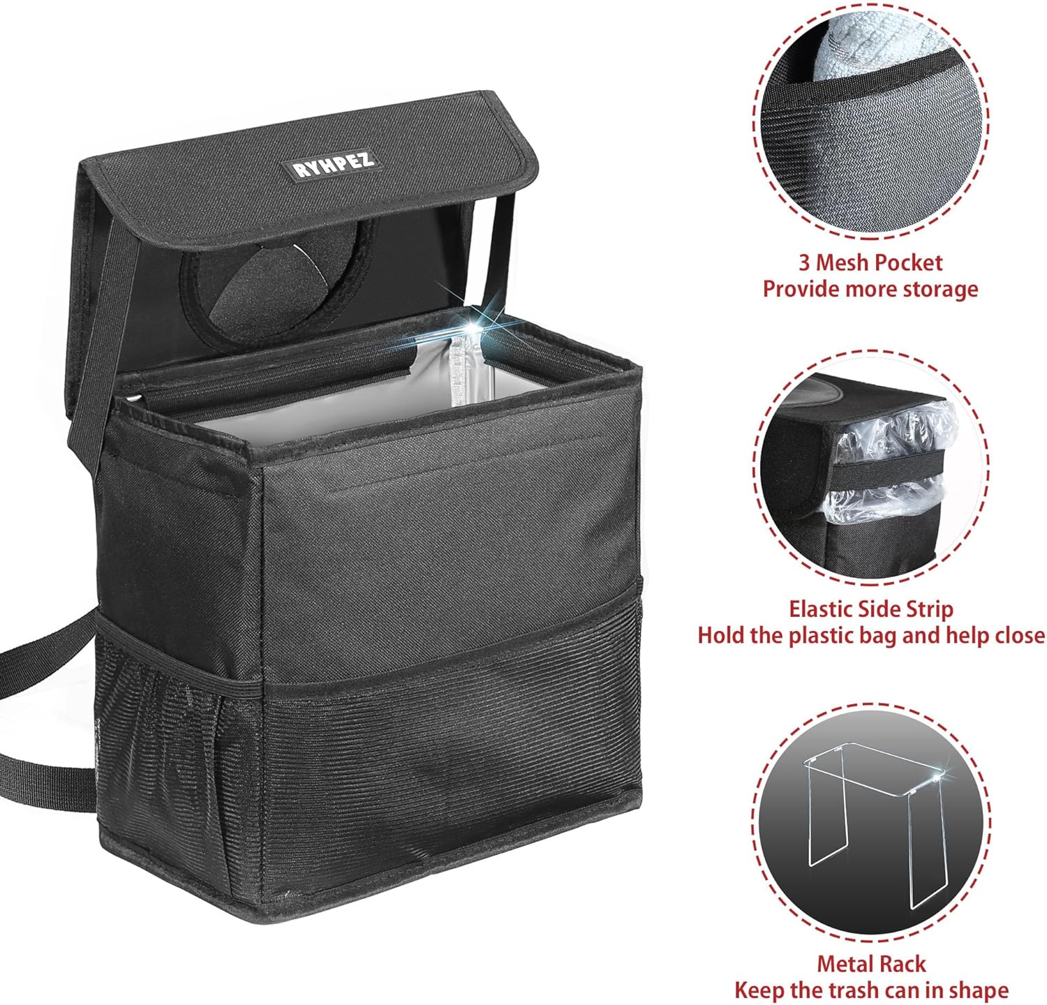 Ryhpez Car Trash Can with Lid - Car Trash Bag Hanging with Storage Pockets Collapsible and Portable Car Garbage Can with Metal Rack Support