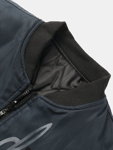 mens letter print applique zip front baseball collar casual double-faced jackets
