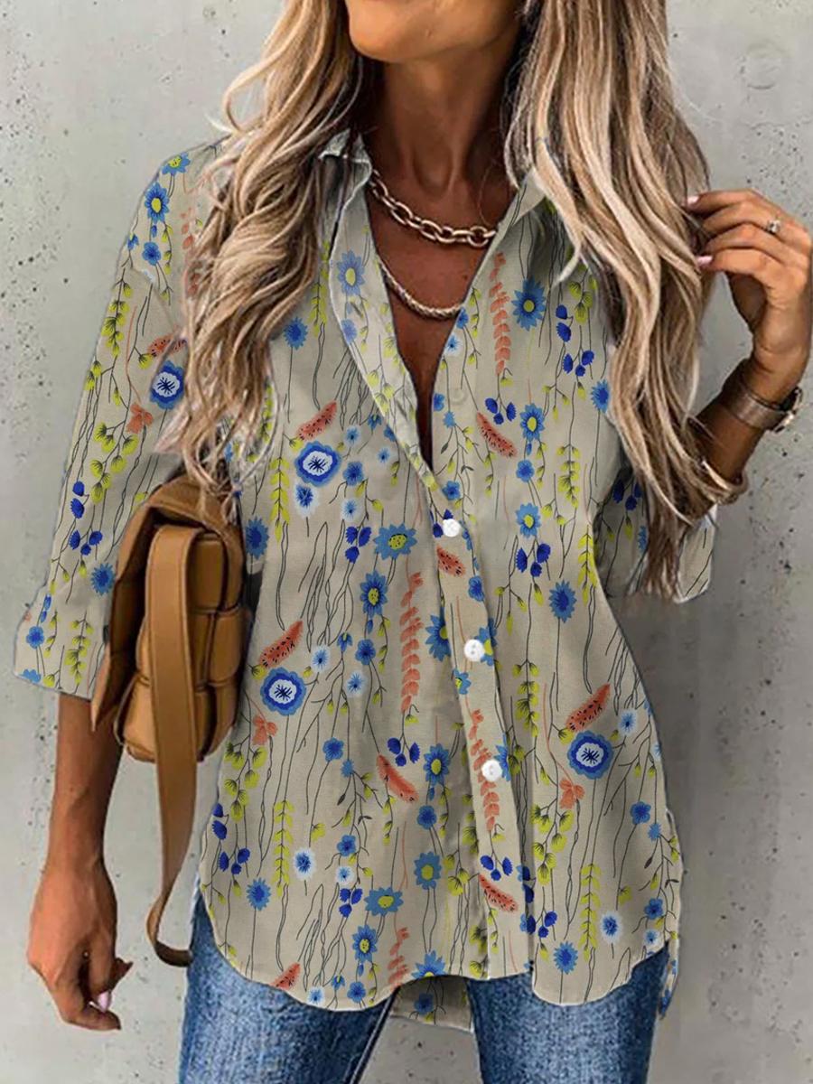 Womens Long-sleeved Flower Printing Blouse