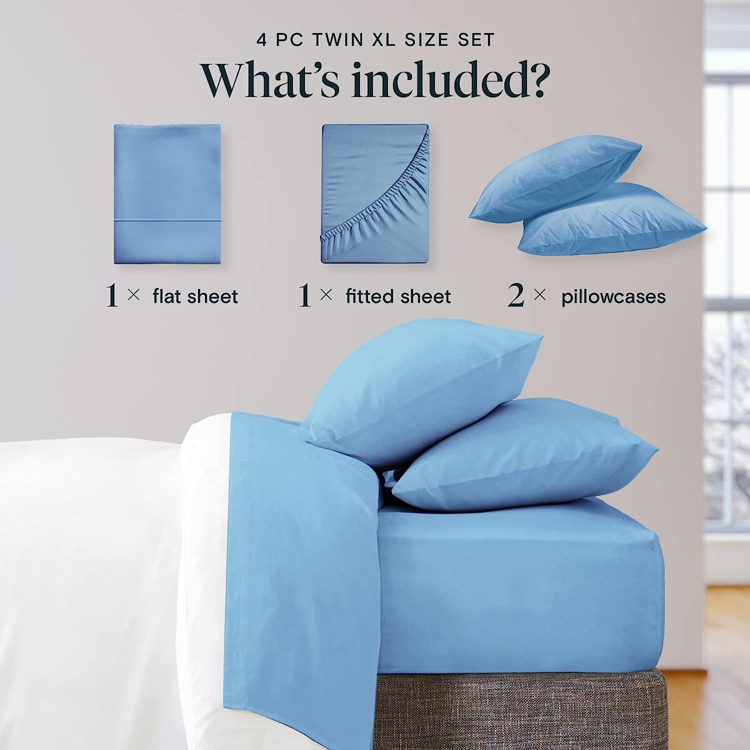LuxClub Twin XL Sheets Set - Soft Twin Bed Sheets for Boys and Girls, 4 PC Deep Pockets 18" Eco Friendly Wrinkle Free Kids Fitted Sheets Machine Washable Hotel Bedding Silky Soft - Denim Twin XL