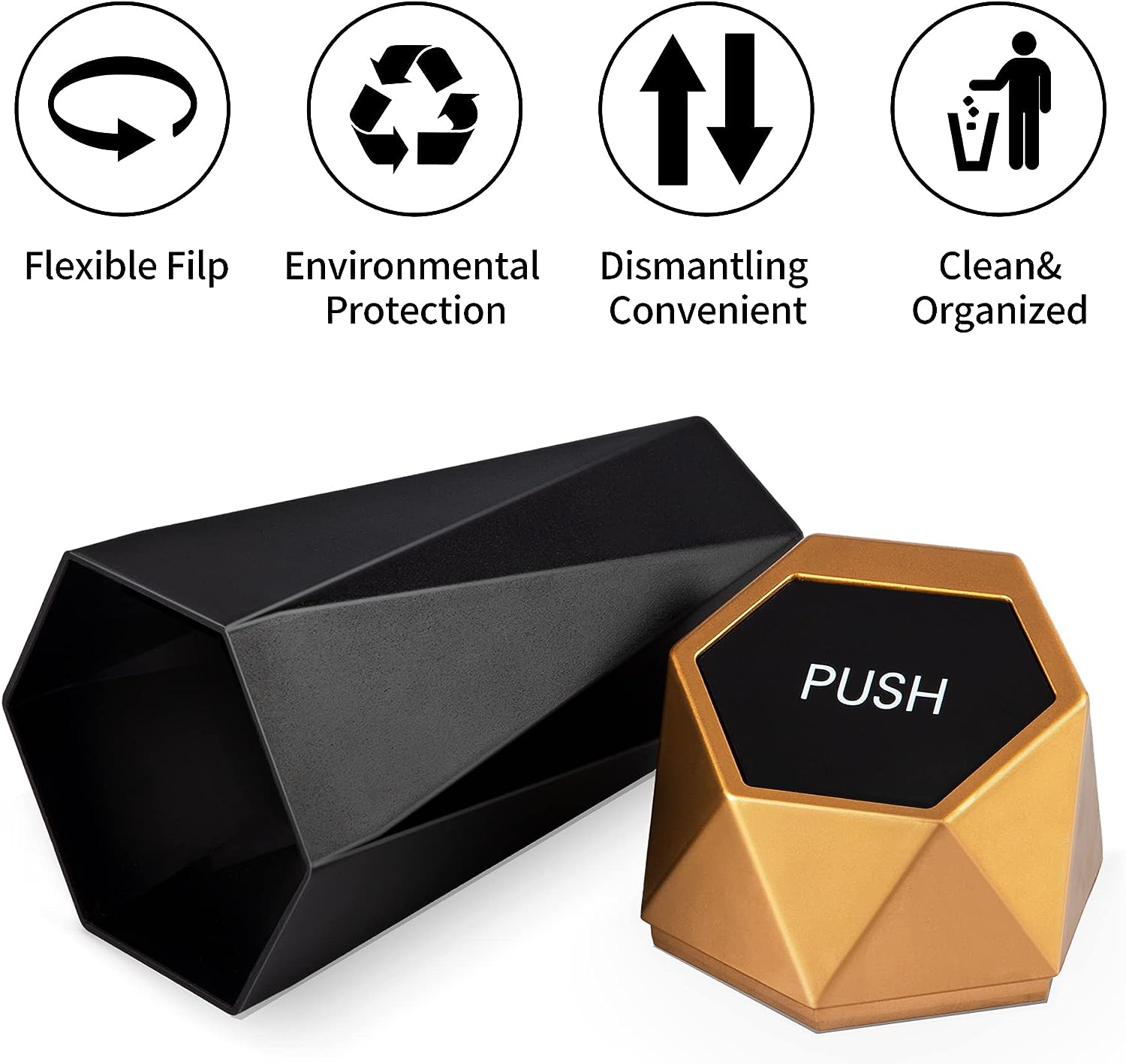 JUSTTOP Car Trash Can with Lid, Diamond  Small Automatic Portable Trash Can, Easy to Clean, Used in Car Home Office Interior Accessories, 2PCS(Gold)