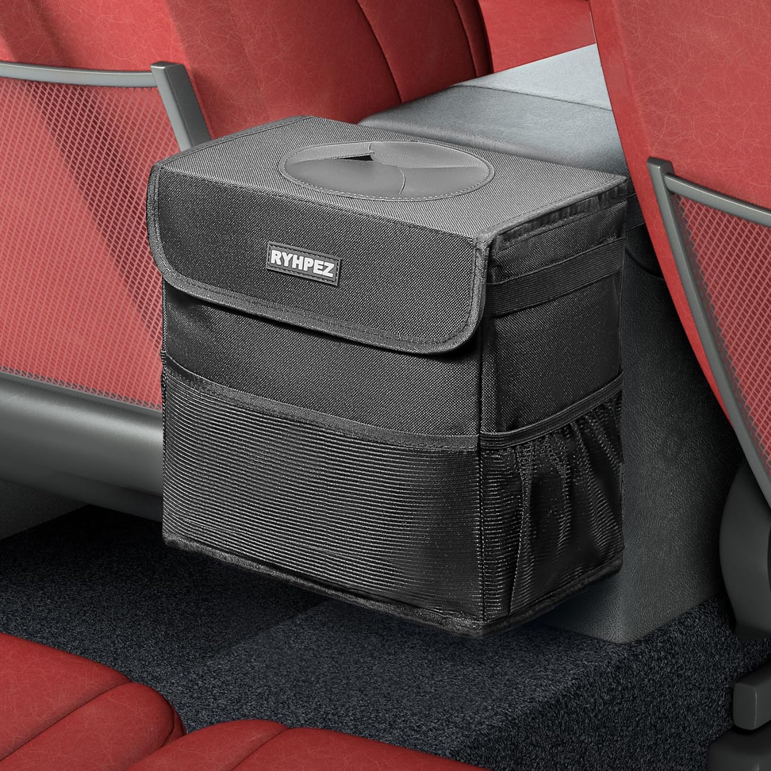 Ryhpez Car Trash Can with Lid - Car Trash Bag Hanging with Storage Pockets Collapsible and Portable Car Garbage Can with Metal Rack Support