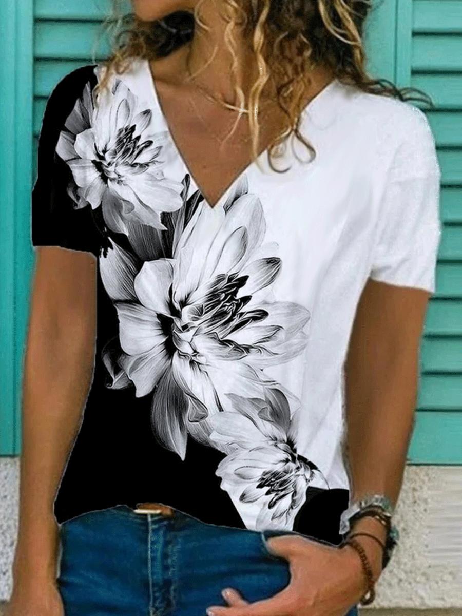 Fashion Flower Print V-neck Short-sleeved Casual T-shirt