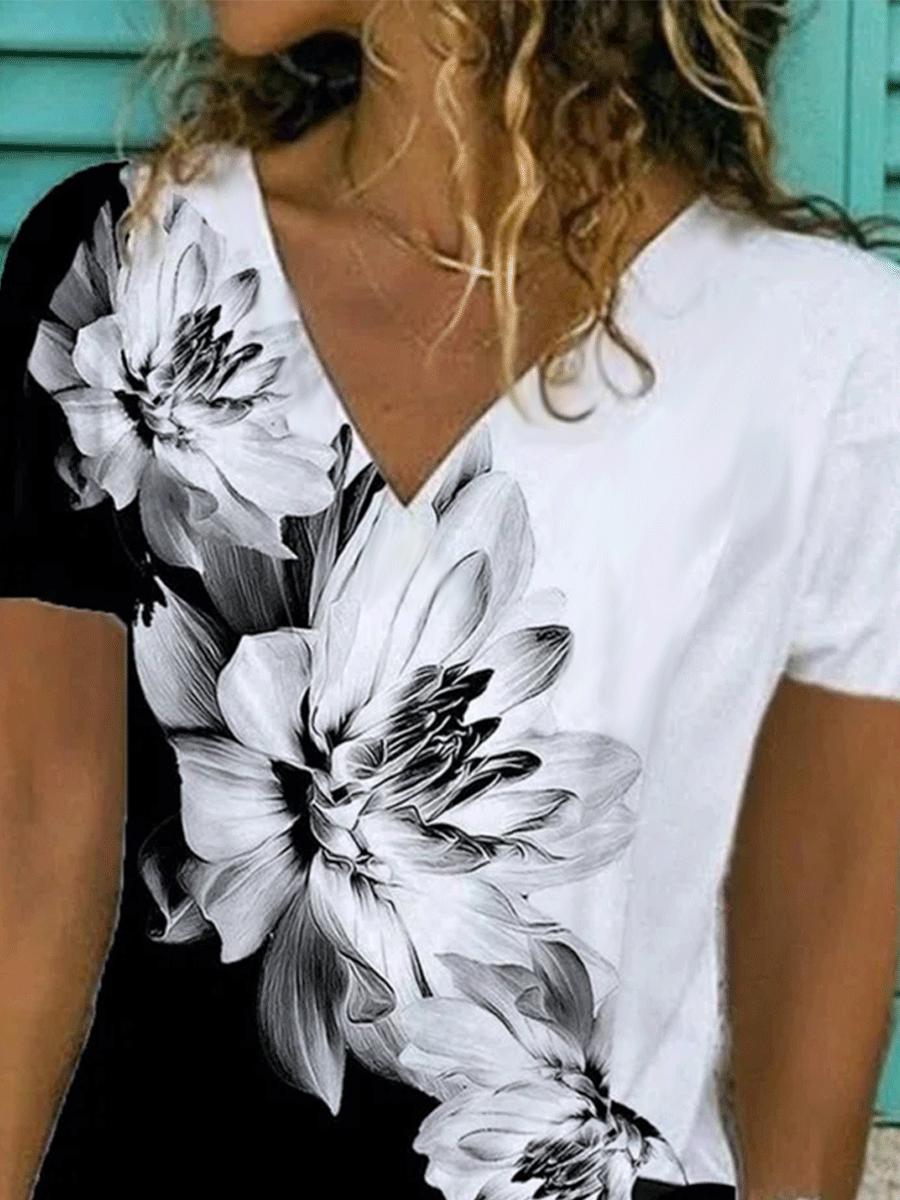 Fashion Flower Print V-neck Short-sleeved Casual T-shirt
